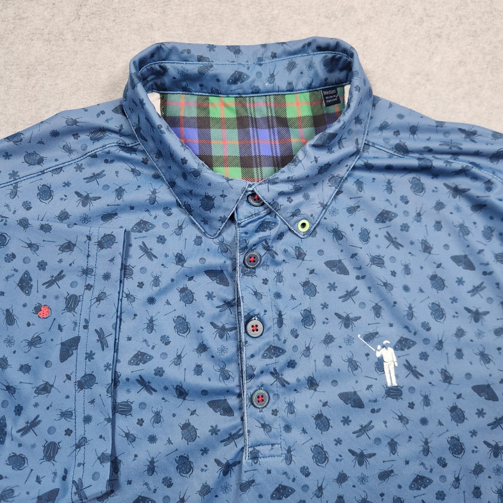 William Murray Polo Shirt Men's Medium Blue Golf‎ Bug Print Stretch Active